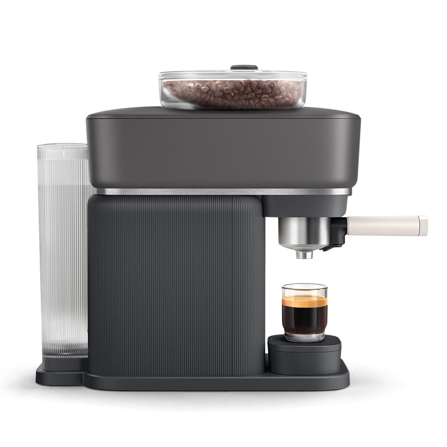 Espresso machine, side view. It has a coffee bean container, a water tank, and a glass with espresso.