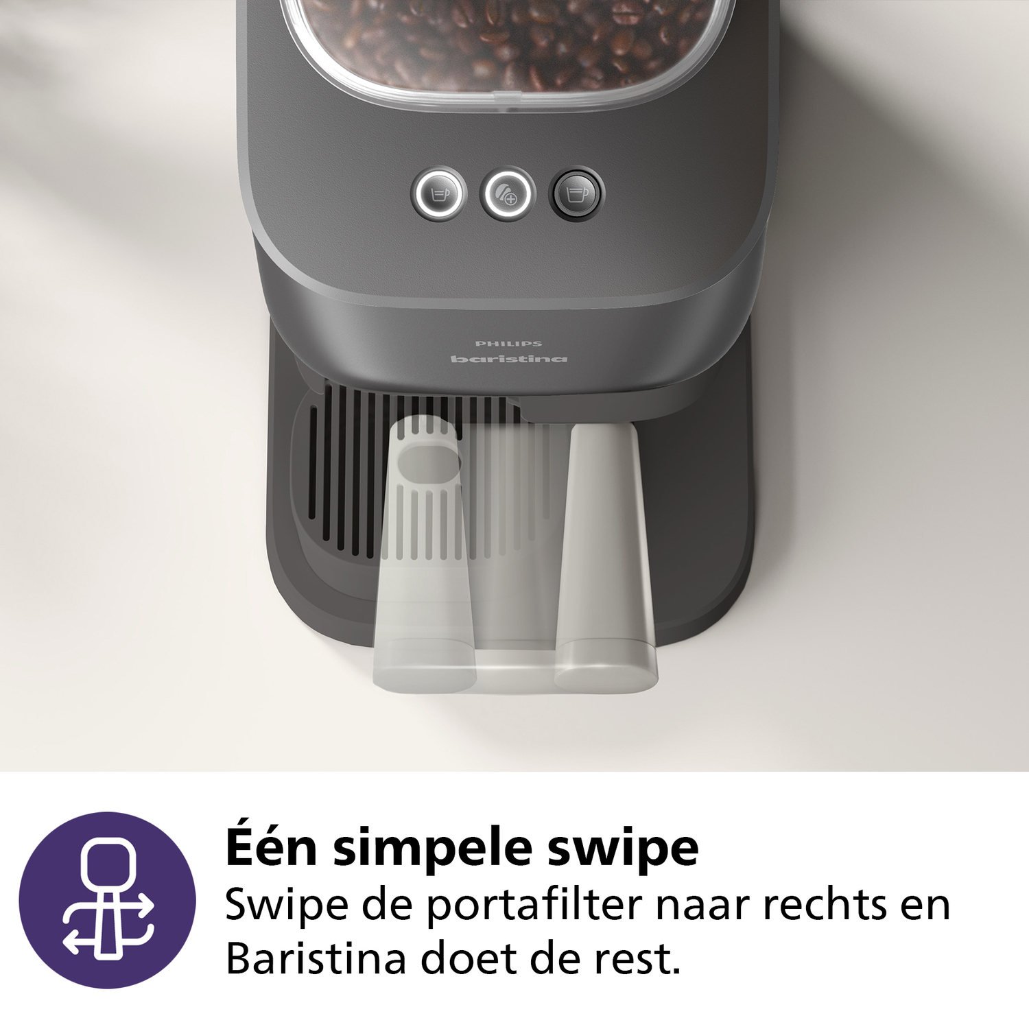 Coffee machine with two cup holders. Grey color, buttons visible. White background, top view.