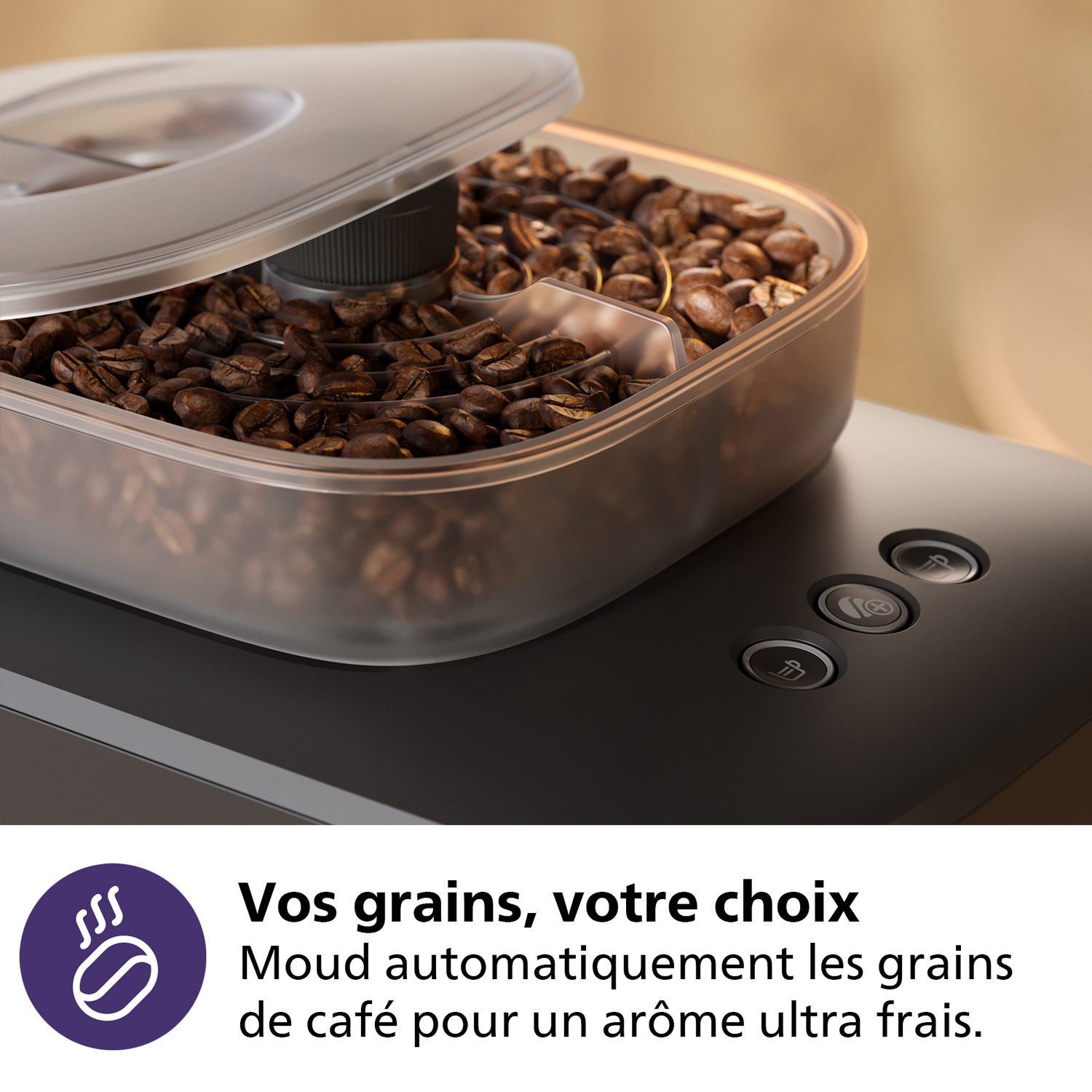Machine à café avec grains dans un récipient transparent. Boutons visibles, noir, gros plan.