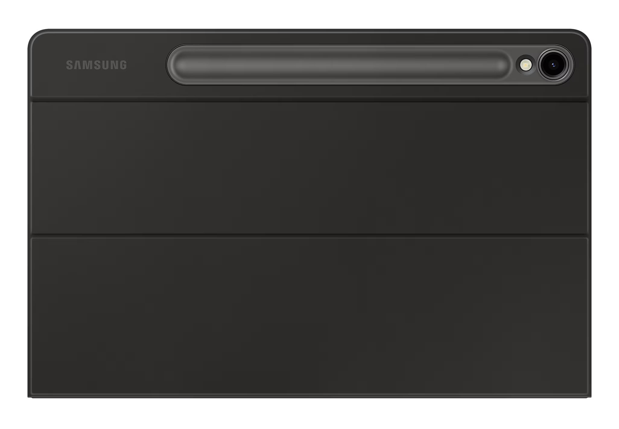 Czarny futerał na tablet z logo Samsung, uchwytem na długopis, aparatem i złożoną osłoną.
