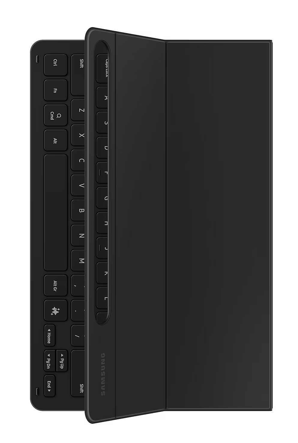 Czarny futerał na tablet, z klawiaturą po jednej stronie. Klawiatura jest czarna z białymi literami.