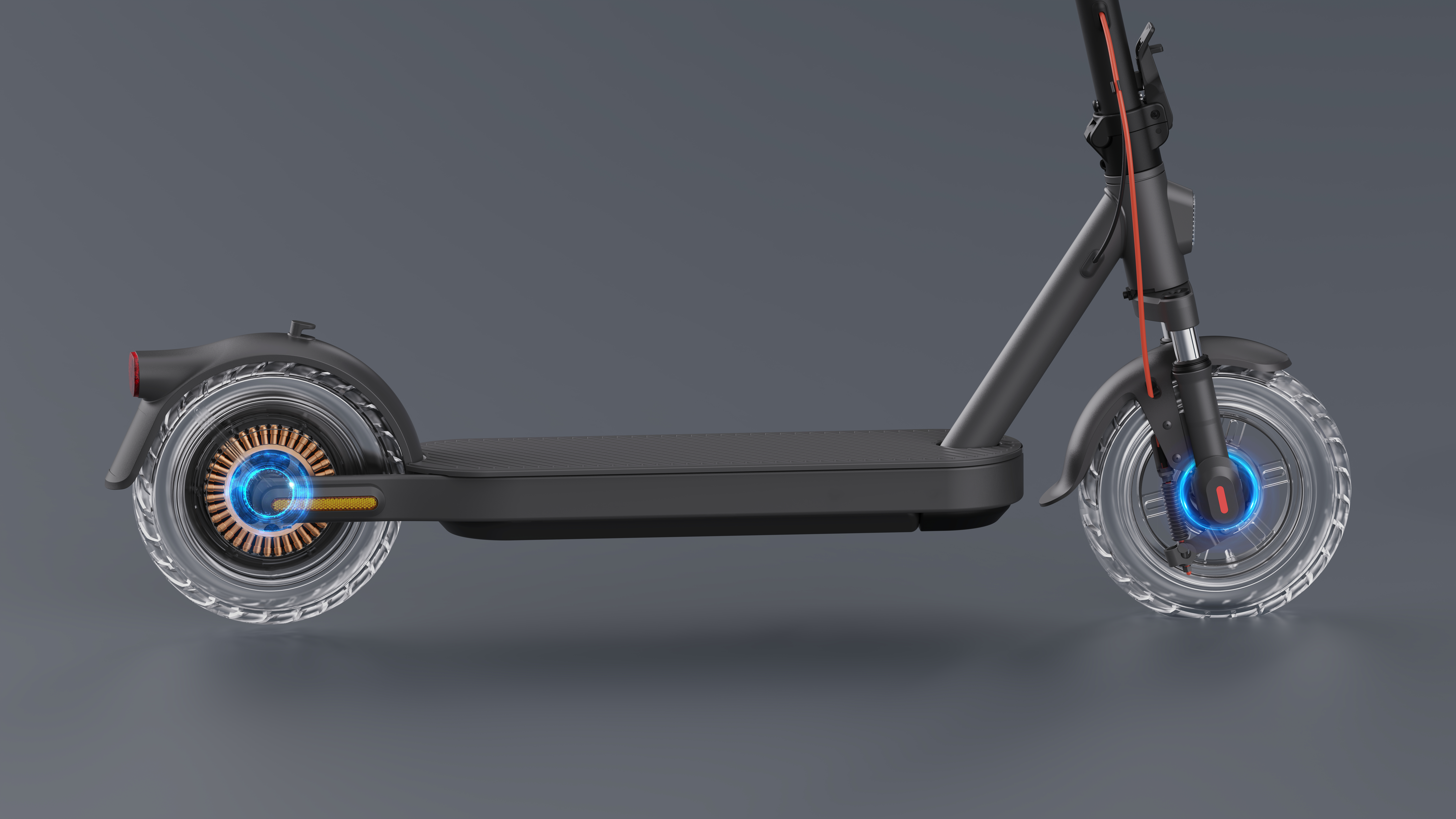 Nahaufnahme eines E-Scooter-Rades mit sichtbarem Motor, transparentem Reifen, und schwarzem Rahmen.