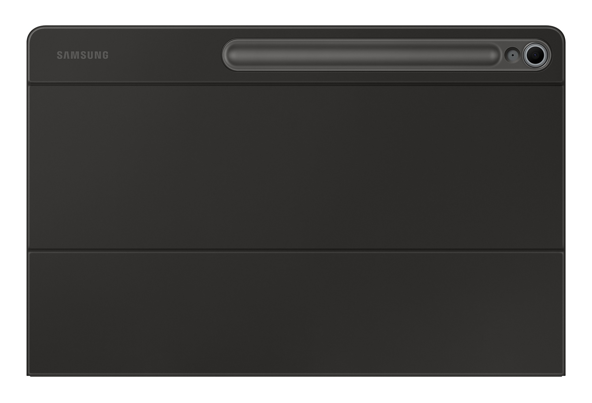 Czarny futerał na tablet z logo Samsung, uchwytem na długopis, aparatem i złożoną osłoną.