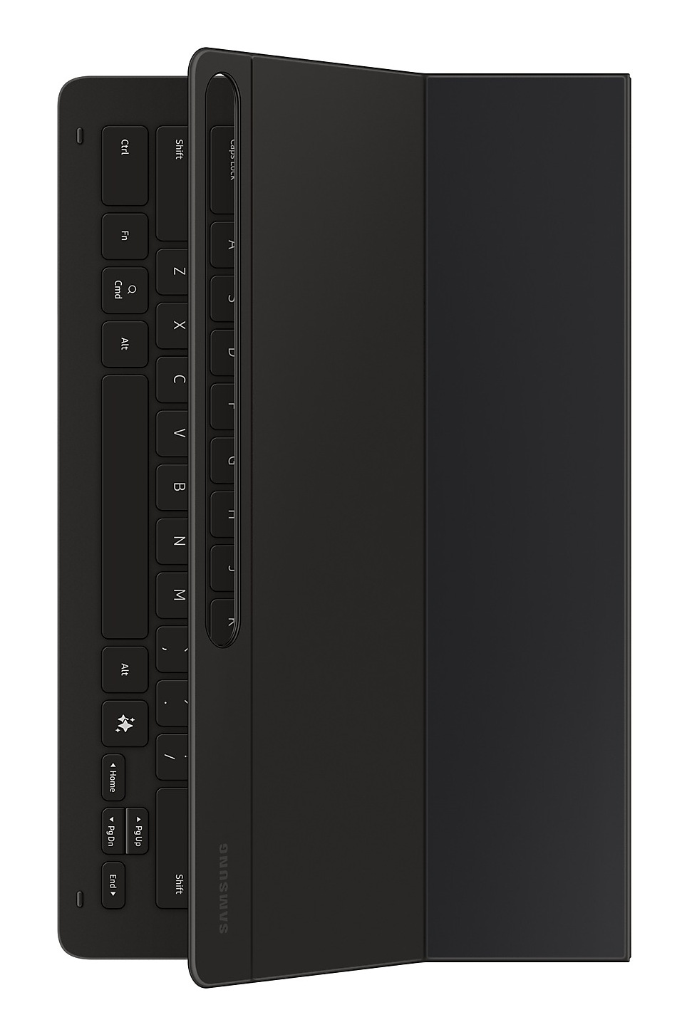 Czarna obudowa klawiatury do tabletu Samsung. Klawiatura po lewej stronie. Pokrywa obudowy po prawej stronie. Białe tło.