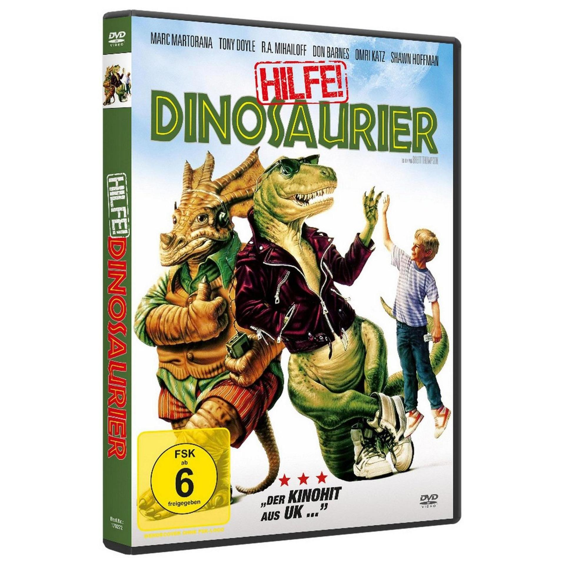 DVD-Cover: Dinosaurier in Lederjacken und ein Kind. Text auf Deutsch.