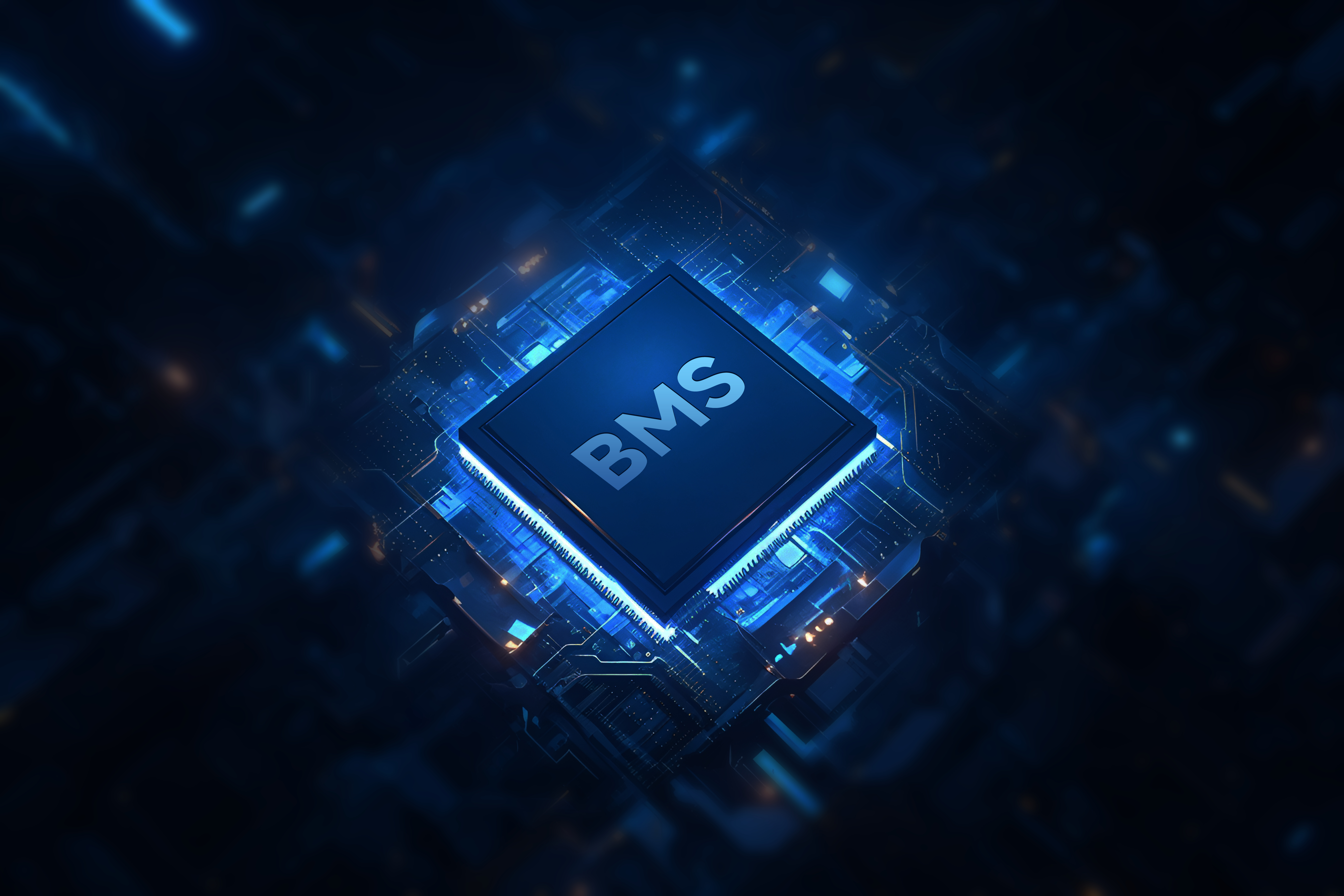 Nahaufnahme einer blauen Leiterplatte mit dem Text 'BMS'.
