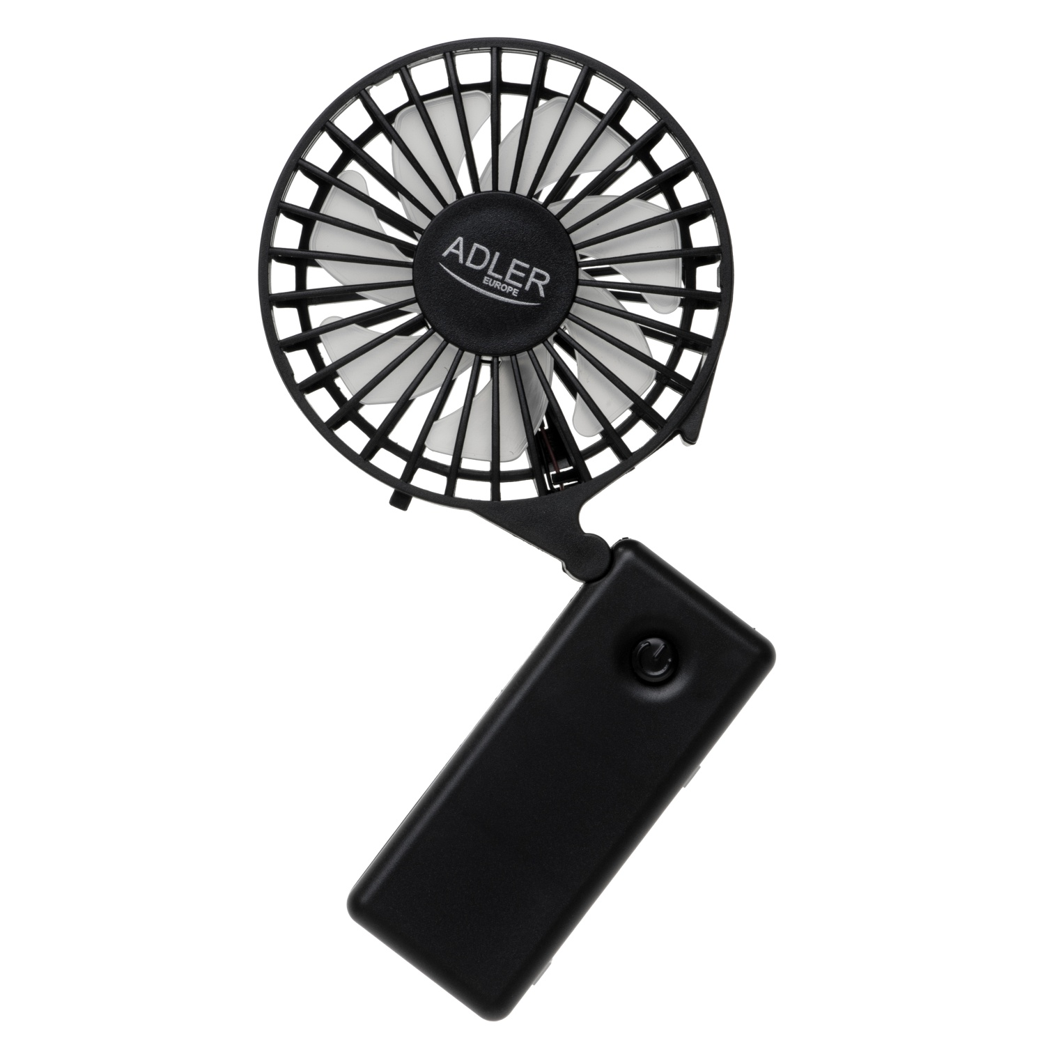 Fekete Adler hordozható ventilátor, összecsukva, látható ADLER EUROPE logóval.