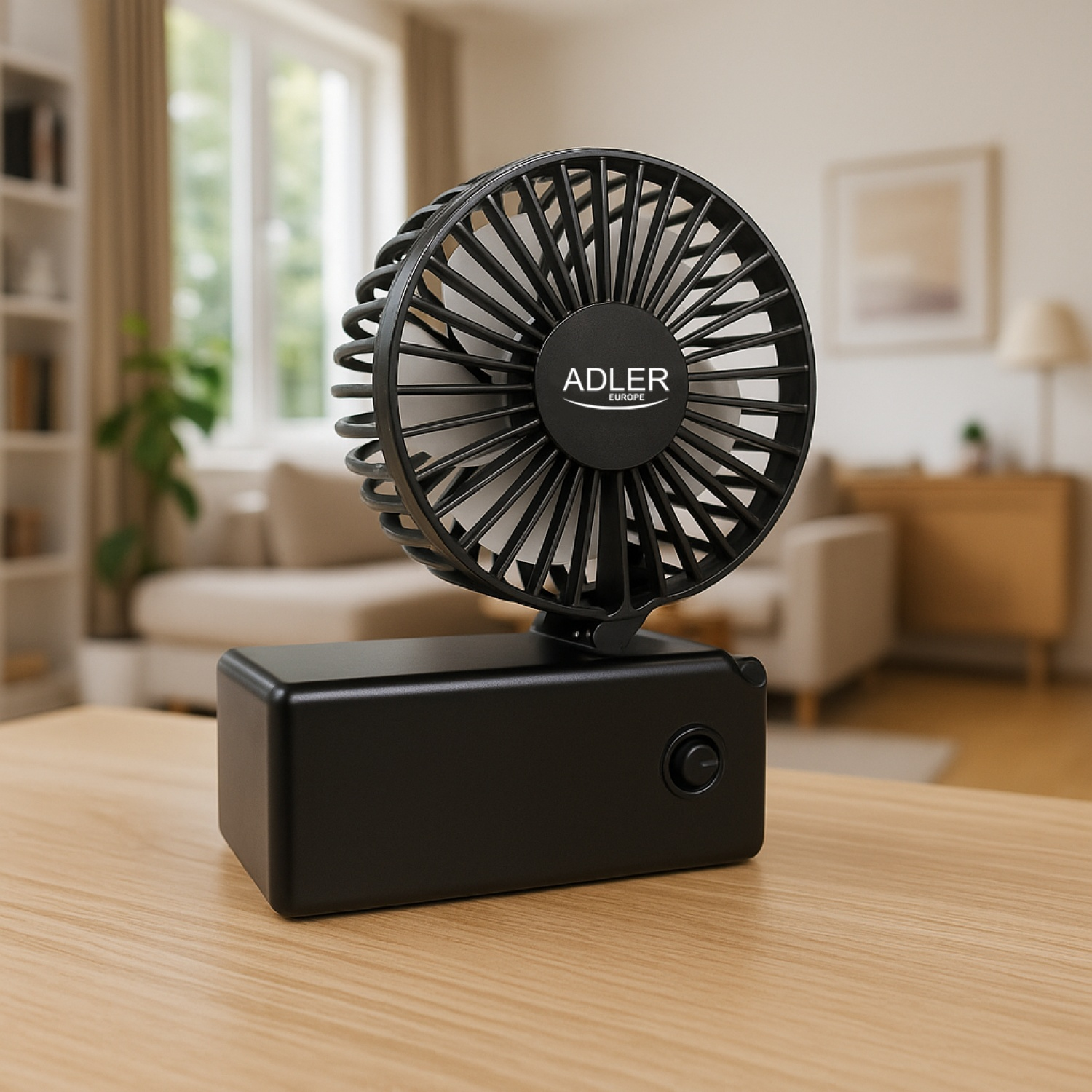 Fekete Adler hordozható ventilátor az asztalon, ADLER EUROPE logóval, elmosódott háttérrel.