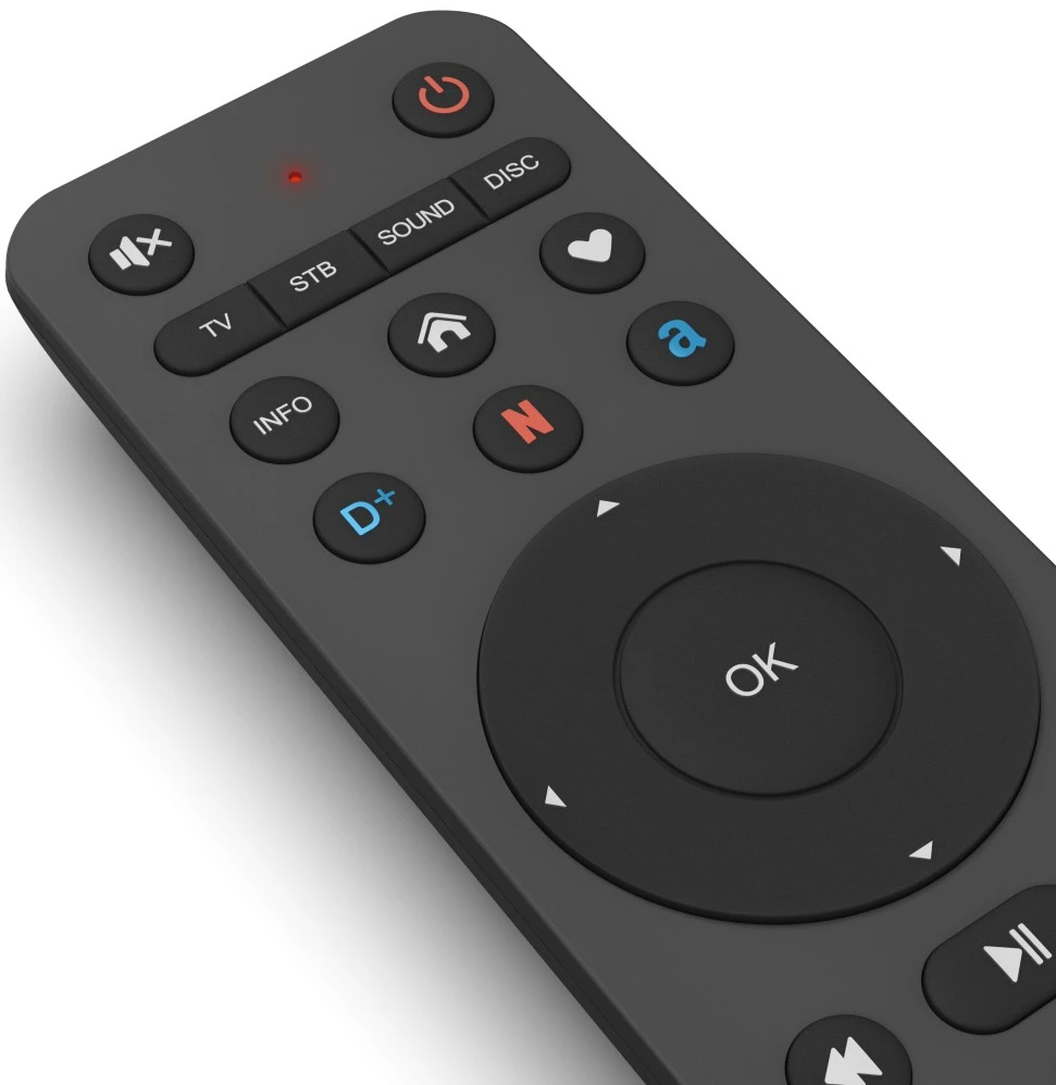 Egy fekete távirányító egy részletének közeli képe.