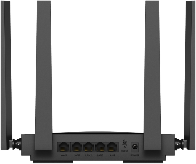 Fekete router, négy antennával. Portok: WAN, LAN, WPS és tápellátás. Fekete háttér.