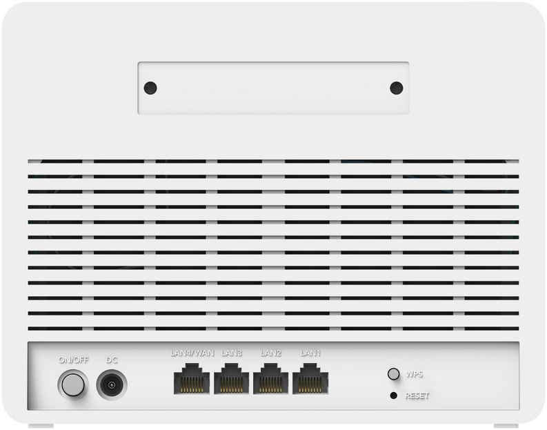 Egy fehér router hátulja, portokkal és szellőzéssel. Portok: BE/KI, LAN stb. Fehér háttér.