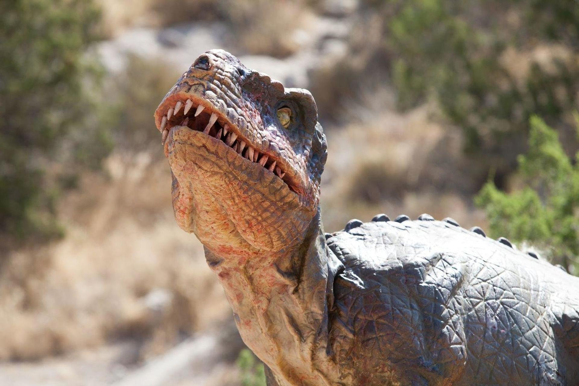 Ein Dinosaurier mit sichtbaren Zähnen. Hintergrund sind grüne Bäume und trockene Landschaft.