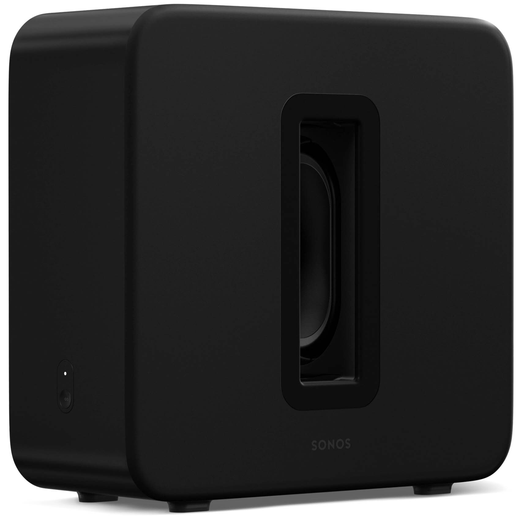 Czarny Sonos Sub, widok z boku. Prostokątny kształt z prostokątnym otworem. Widoczna etykieta 'SONOS'.