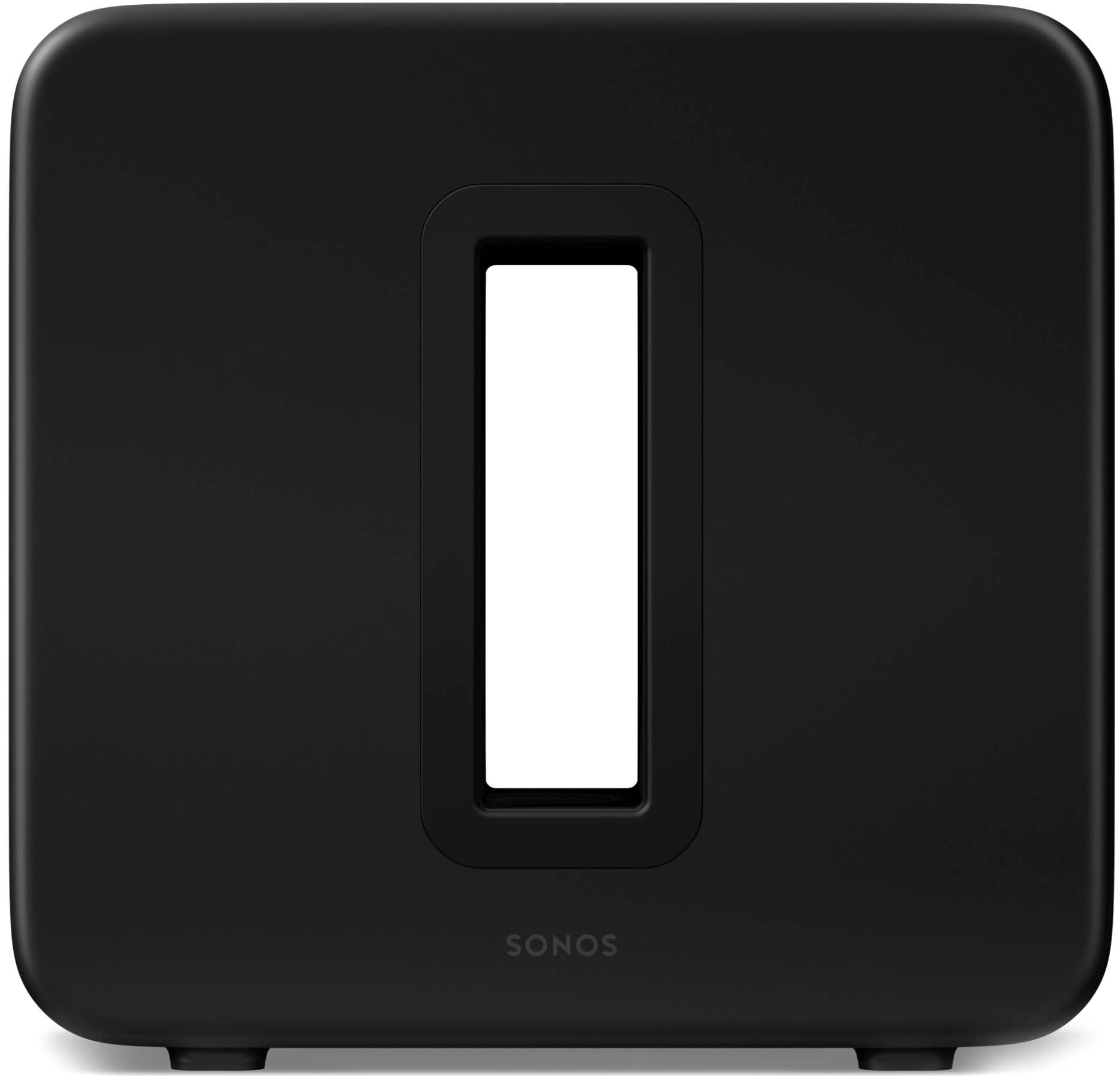 Czarny Sonos Sub, widok z przodu. Prostokątny kształt z prostokątnym otworem. Etykieta 'SONOS' na dole.