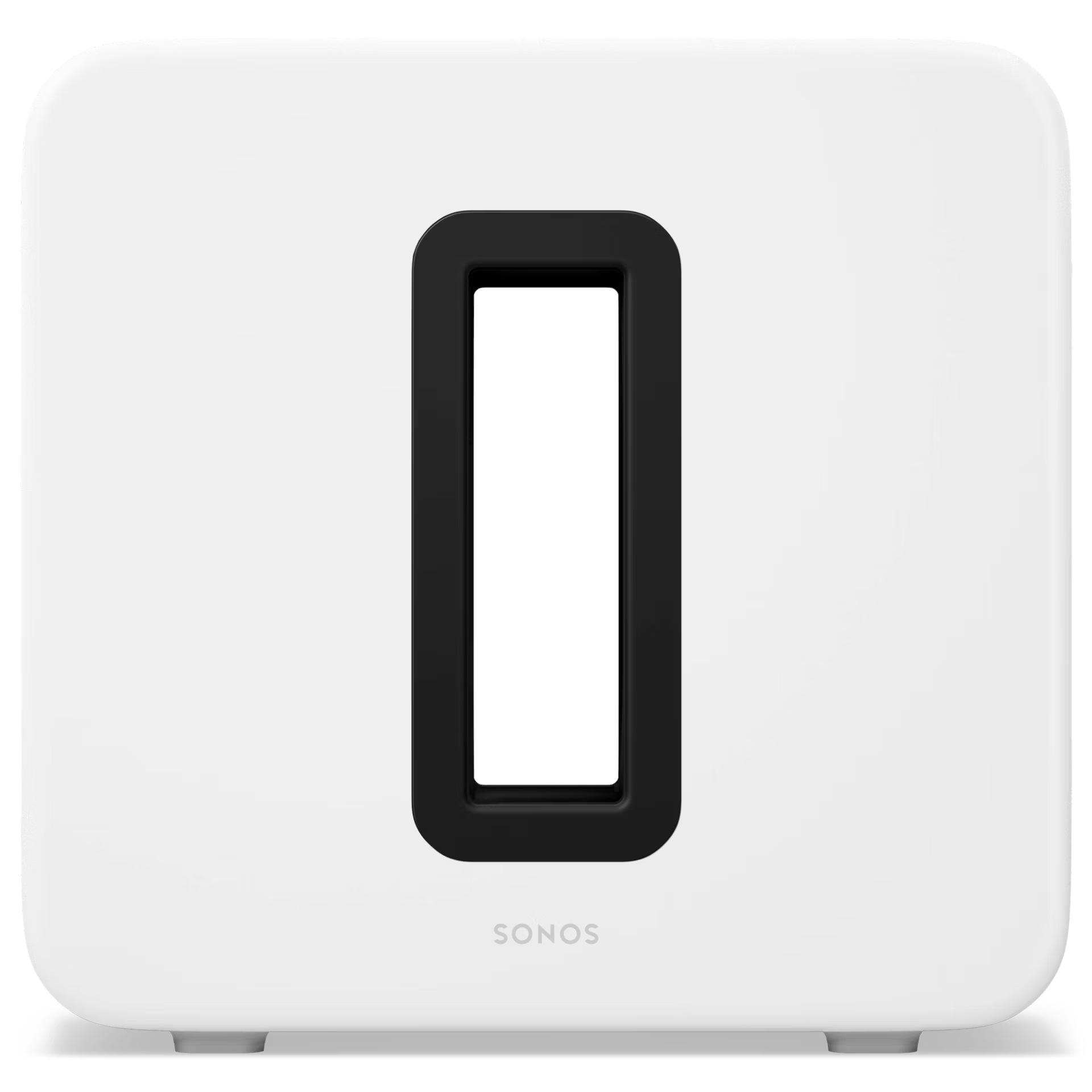 Biały Sonos Sub, prostokątny z czarnym prostokątnym otworem. Etykieta 'SONOS' pod otworem.