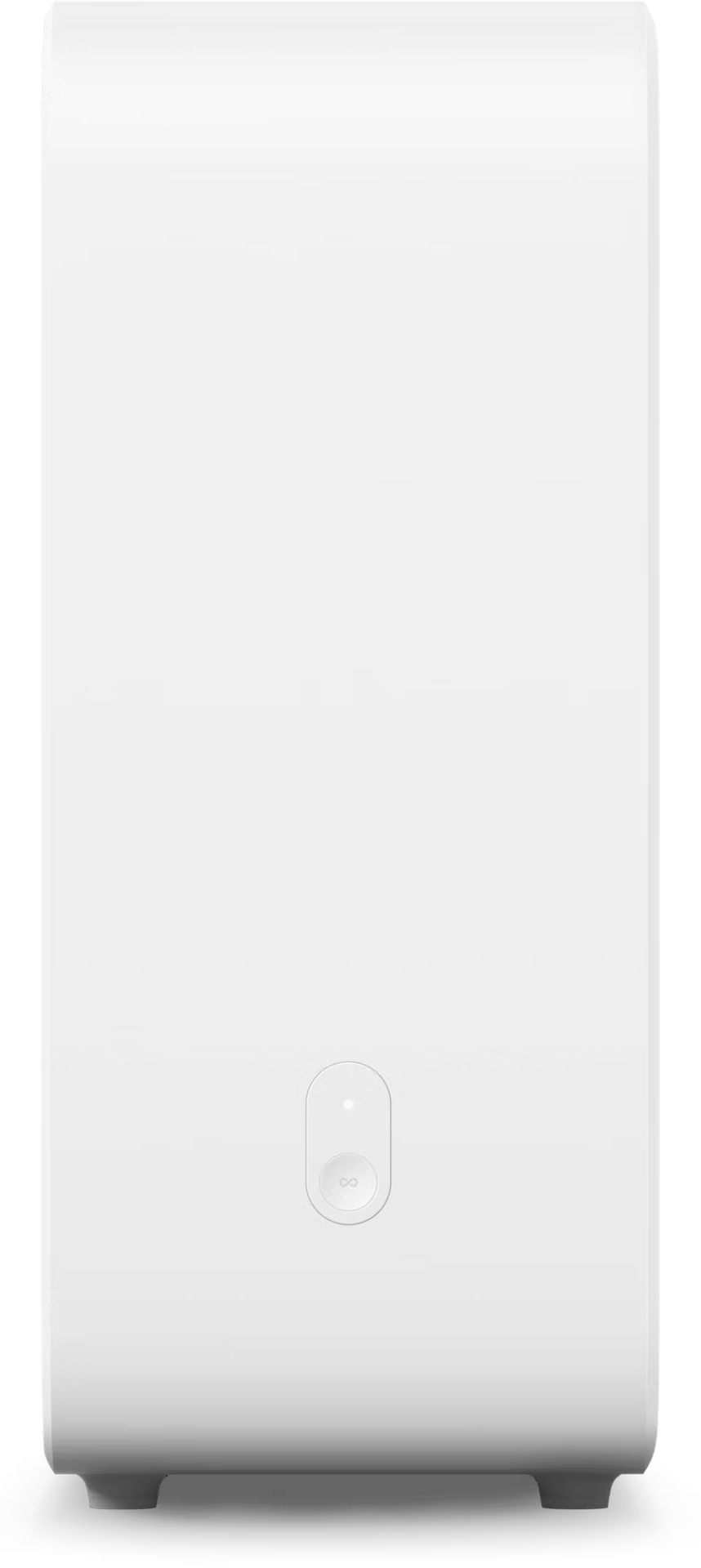 Biały Sonos Sub, wysoki prostokątny kształt. Kontrolka zasilania i logo Sonos widoczne na dole.