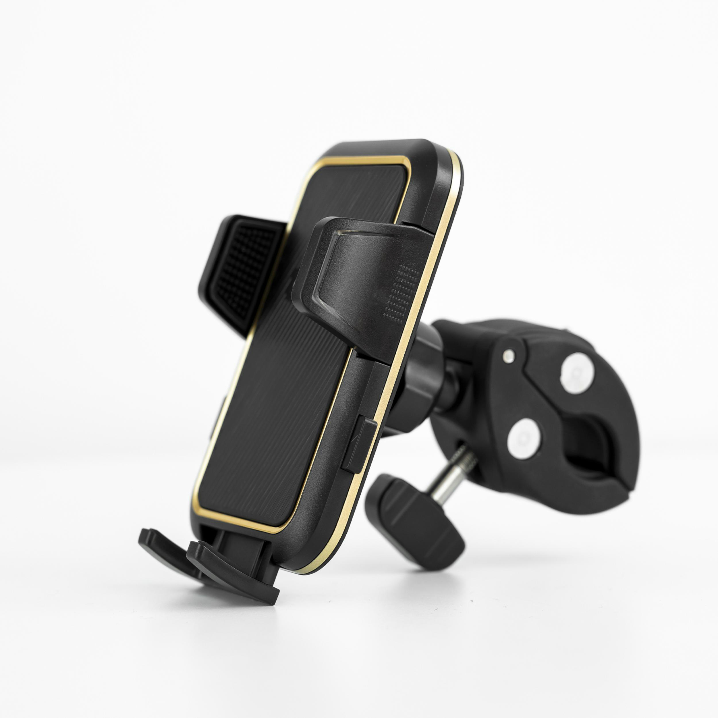 Schwarzer und goldener Telefonhalter auf weißem Hintergrund. Inklusive Klemme und verstellbarem Arm.