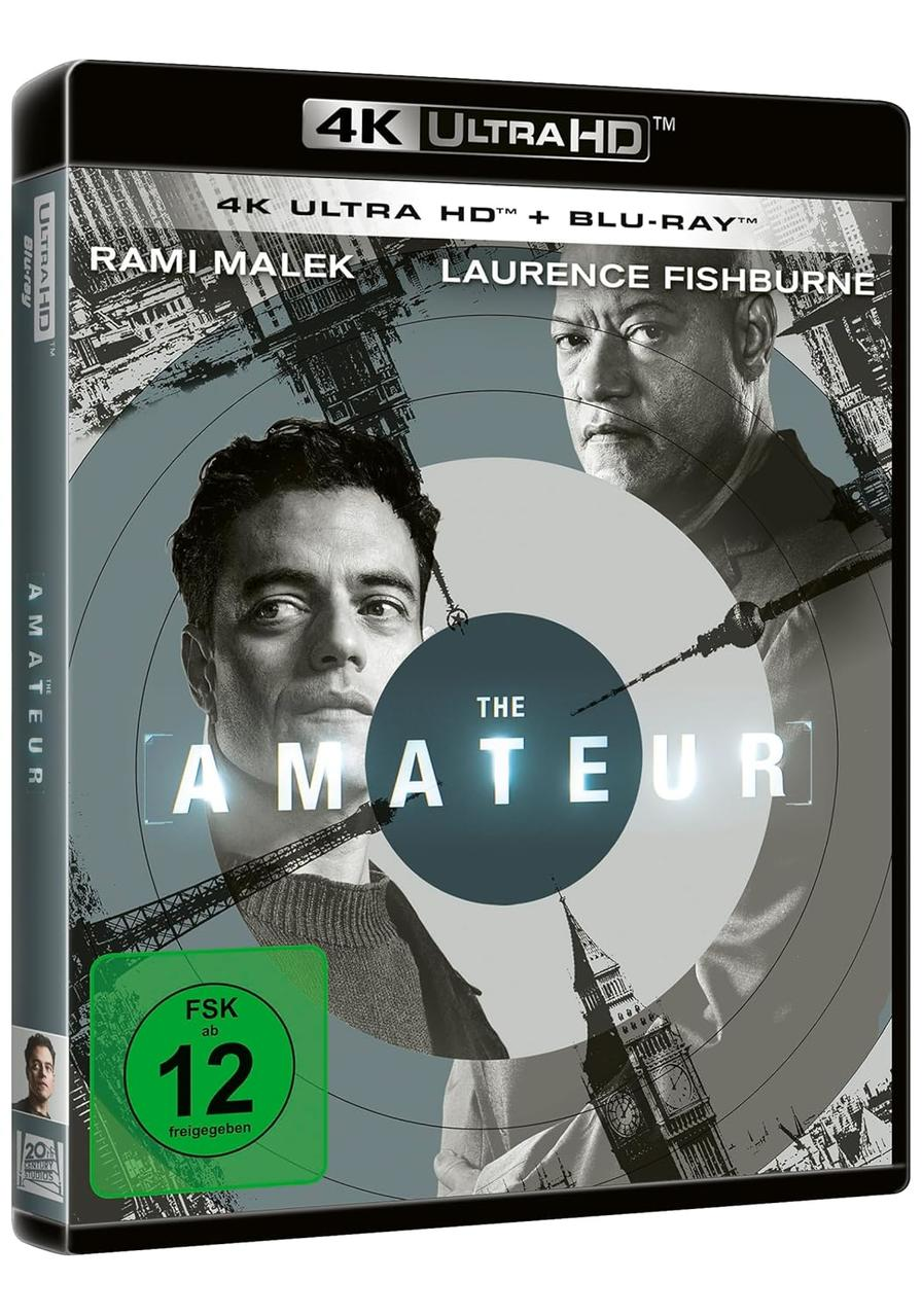 Filmcover von 'The Amateur' mit Rami Malek und Laurence Fishburne. Schwarzer Hintergrund, 4K Ultra HD und Blu-ray.