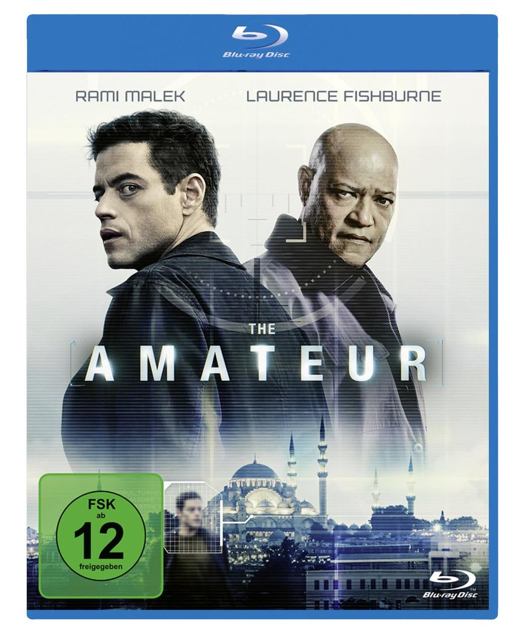 Filmcover von 'The Amateur' mit Rami Malek und Laurence Fishburne. Blu-ray Disc und grünes Rating-Label.