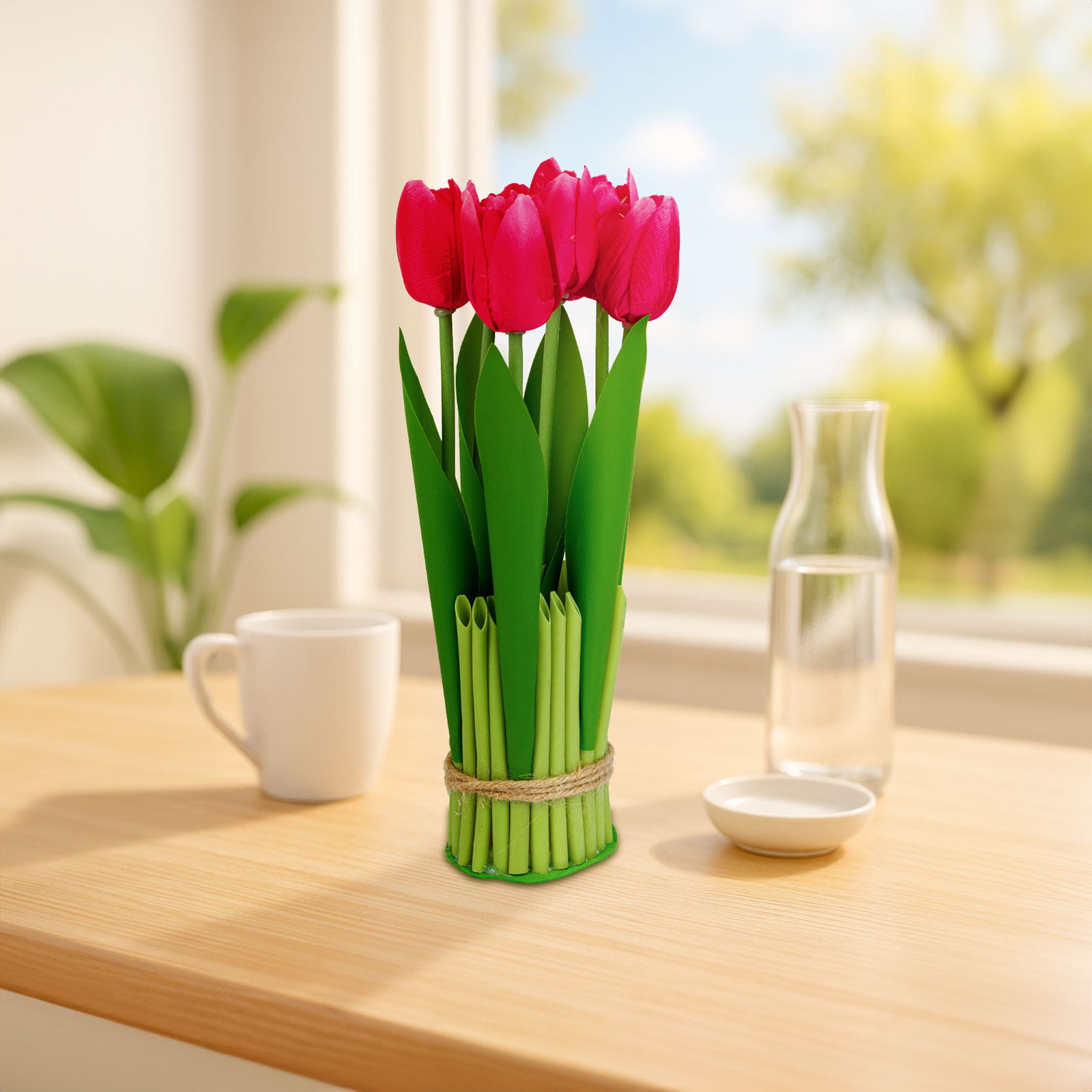 Piros tulipánok zöld vázában az asztalon, ablak, csésze és vízkancsó a háttérben.