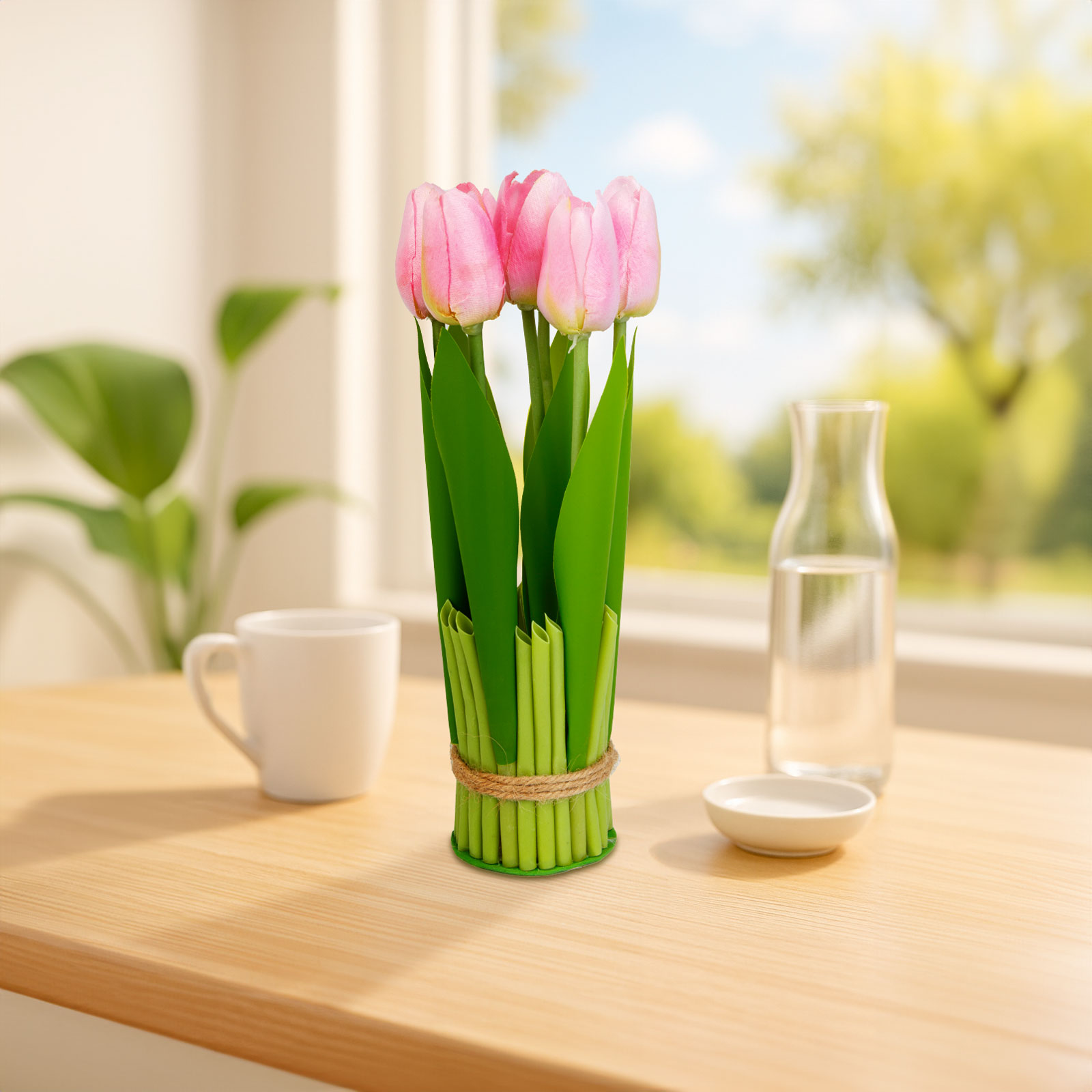 Rózsaszín tulipánok zöld vázában egy faasztalon. Egy csésze, egy pohár és egy növény is az asztalon van.