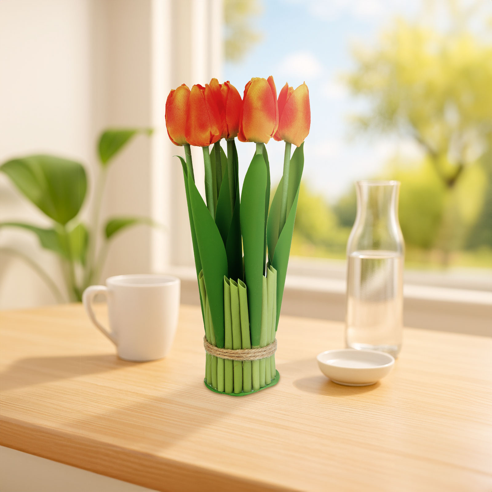 Narancs és sárga tulipánok egy zöld vázában egy faasztalon. Egy csésze, egy pohár és egy növény is van.