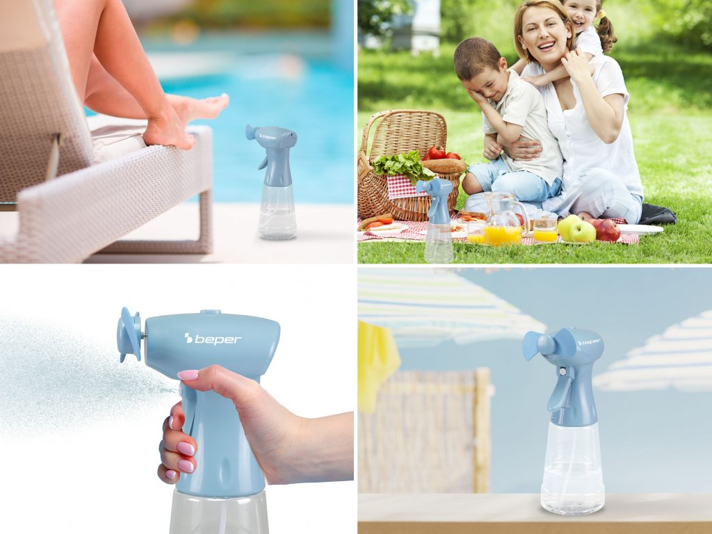 Négy kép a ventilátoros permetezőről, amint különböző helyzetekben használják.