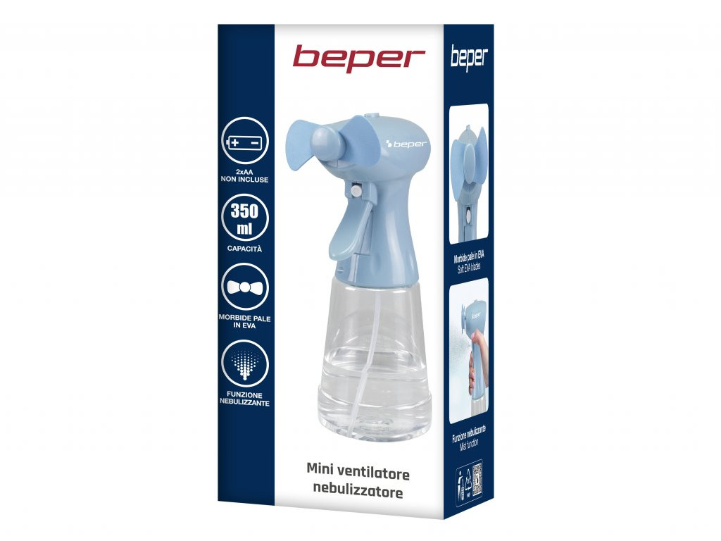 Kék-fehér mini porlasztós ventilátor a dobozában.