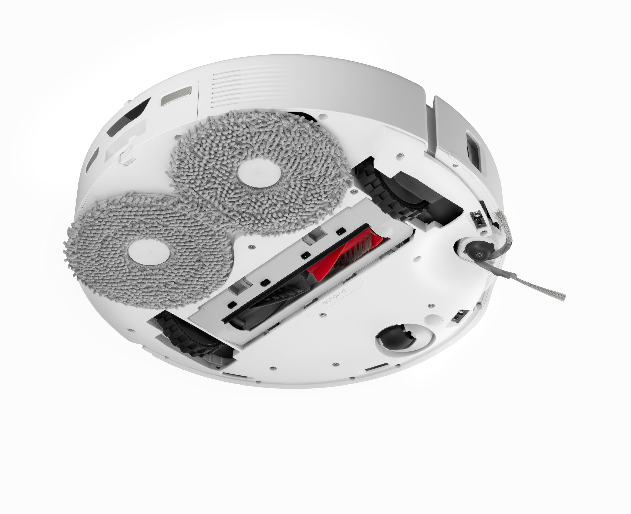 Weißer Roboter-Staubsauger, Unteransicht. Zwei graue Mopps und rote Bürste.