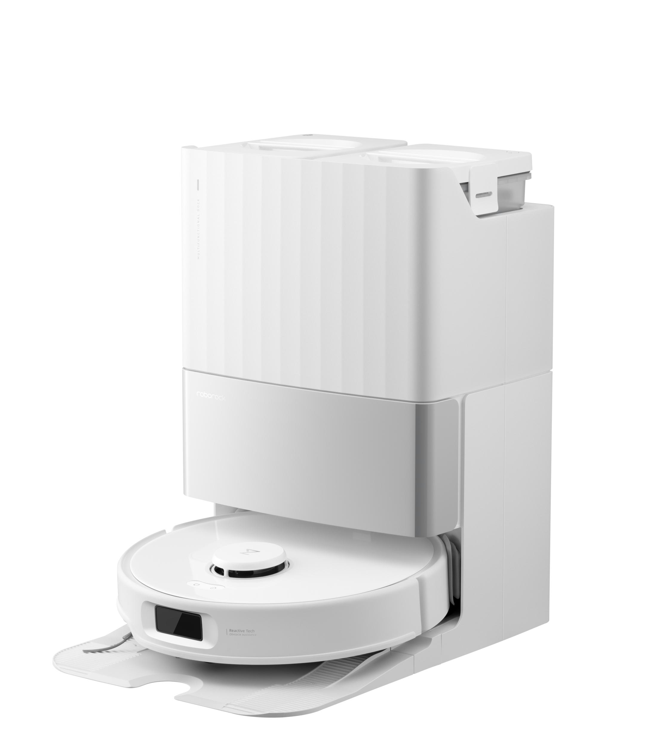 Weißer Roboter-Staubsauger und Ladestation. Schräge Vorderansicht.