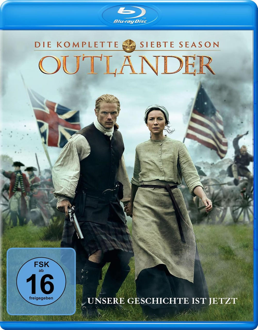 DVD-Cover: Mann und Frau in historischer Kleidung, Flaggen im Hintergrund.