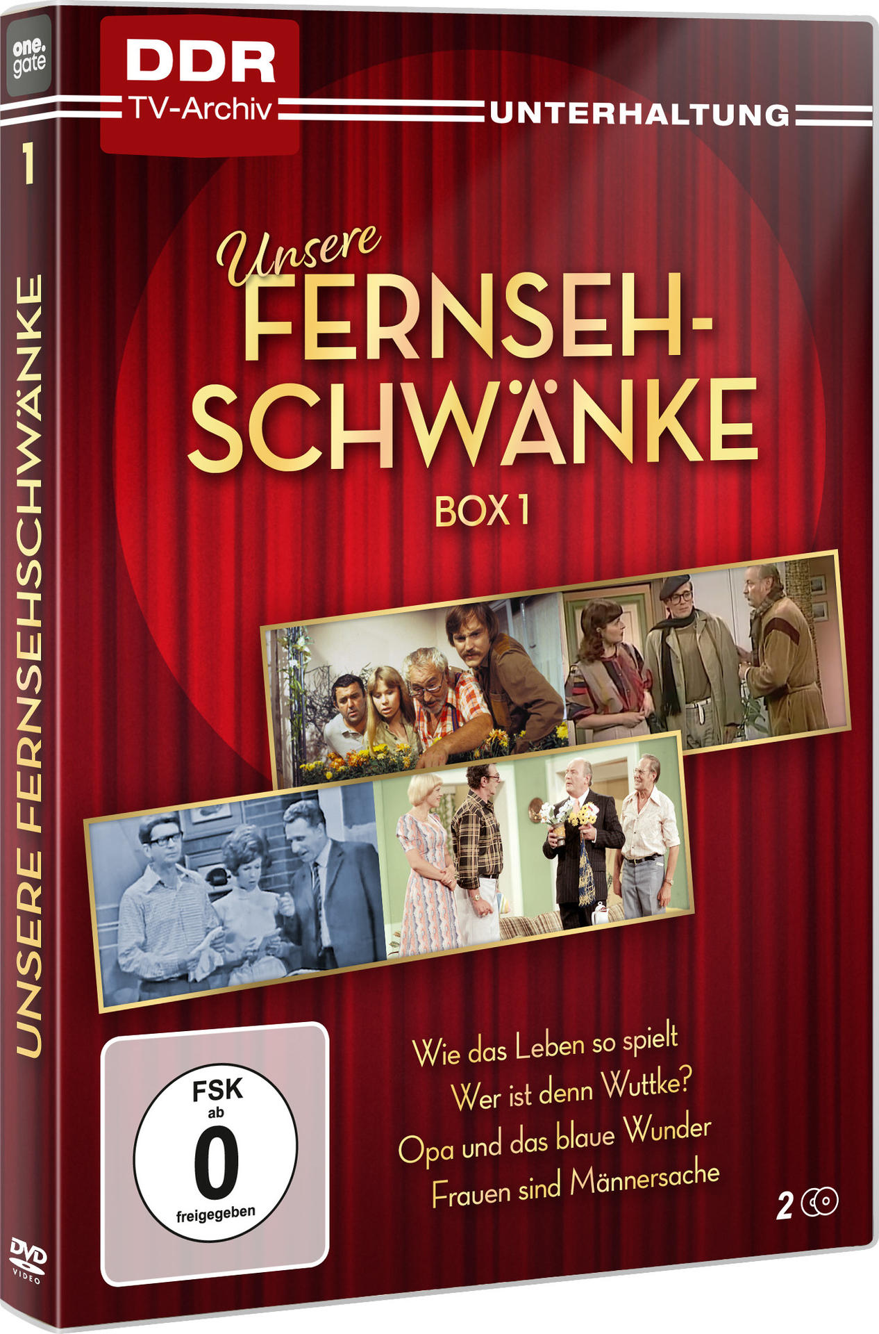 DVD-Cover mit rotem Vorhanghintergrund. Text: Unsere Fernsehschwänke. Box 1. Fotos von Personen befinden sich in Rechtecken.