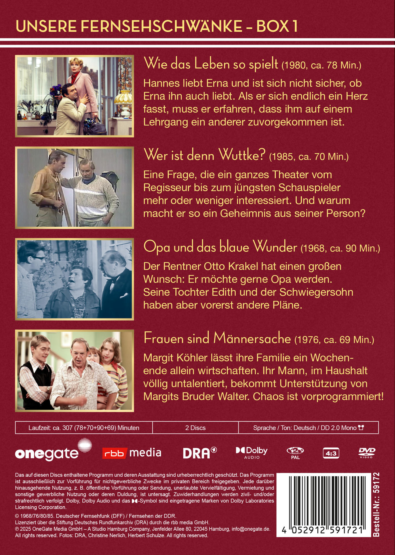 Rückseite der DVD Unsere Fernsehschwänke - Box 1. Bilder und Texte über die Show.