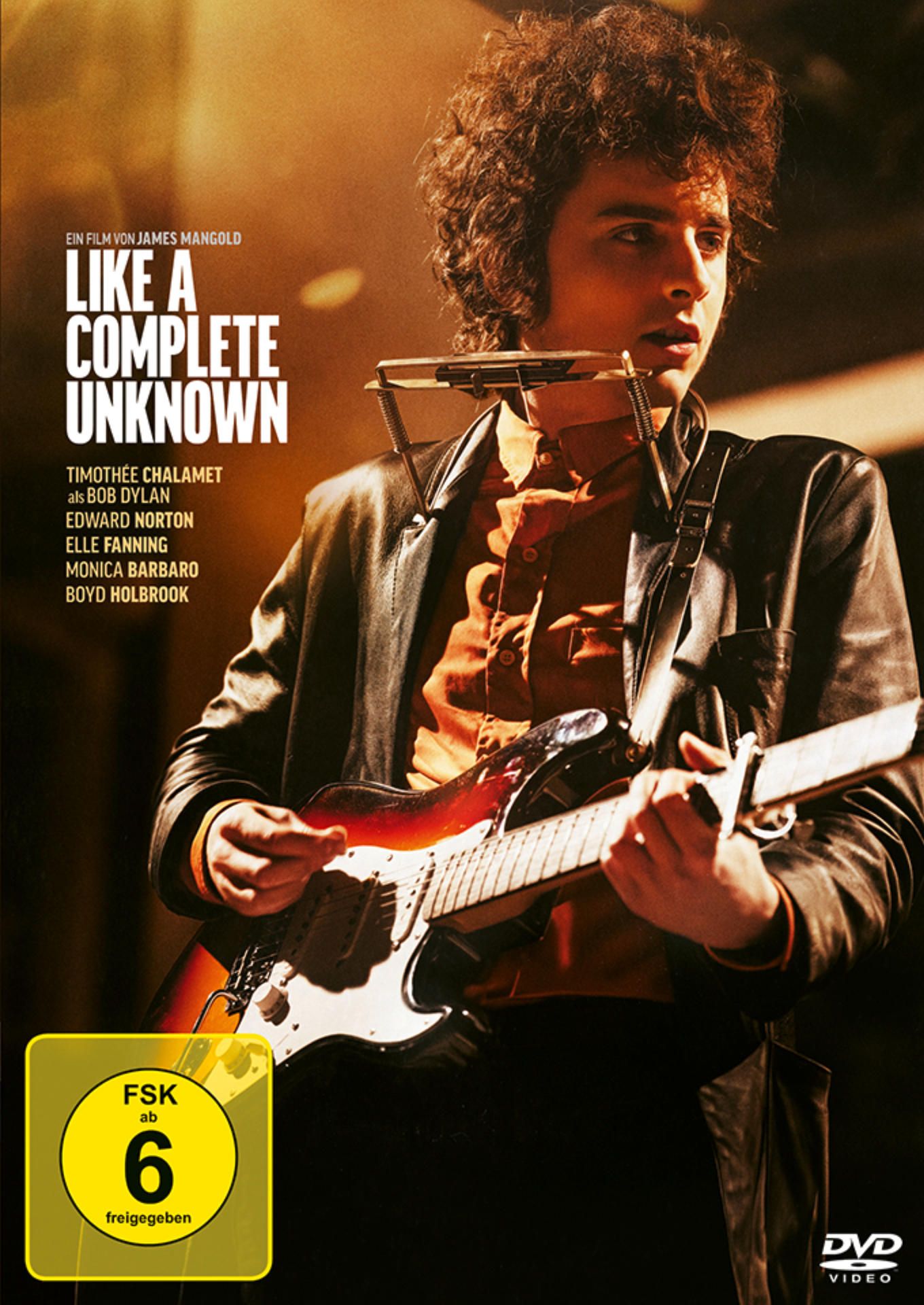 DVD-Cover für Like a Complete Unknown. Mann spielt Gitarre und Mundharmonika. Text enthält Filmtitel und Namen.