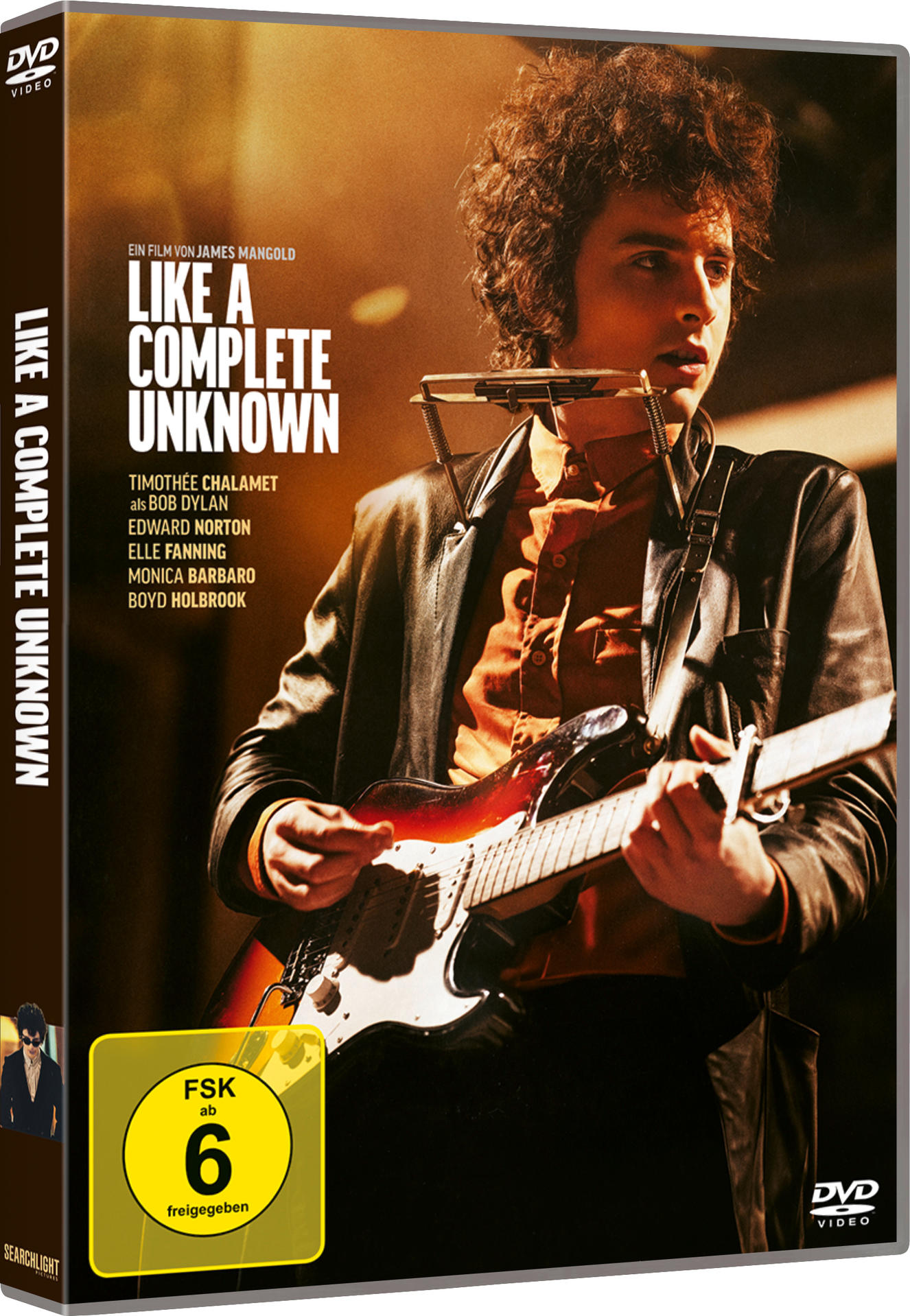 DVD-Cover für Like a Complete Unknown. Mann spielt Gitarre und Mundharmonika. Text enthält Filmtitel und Namen.