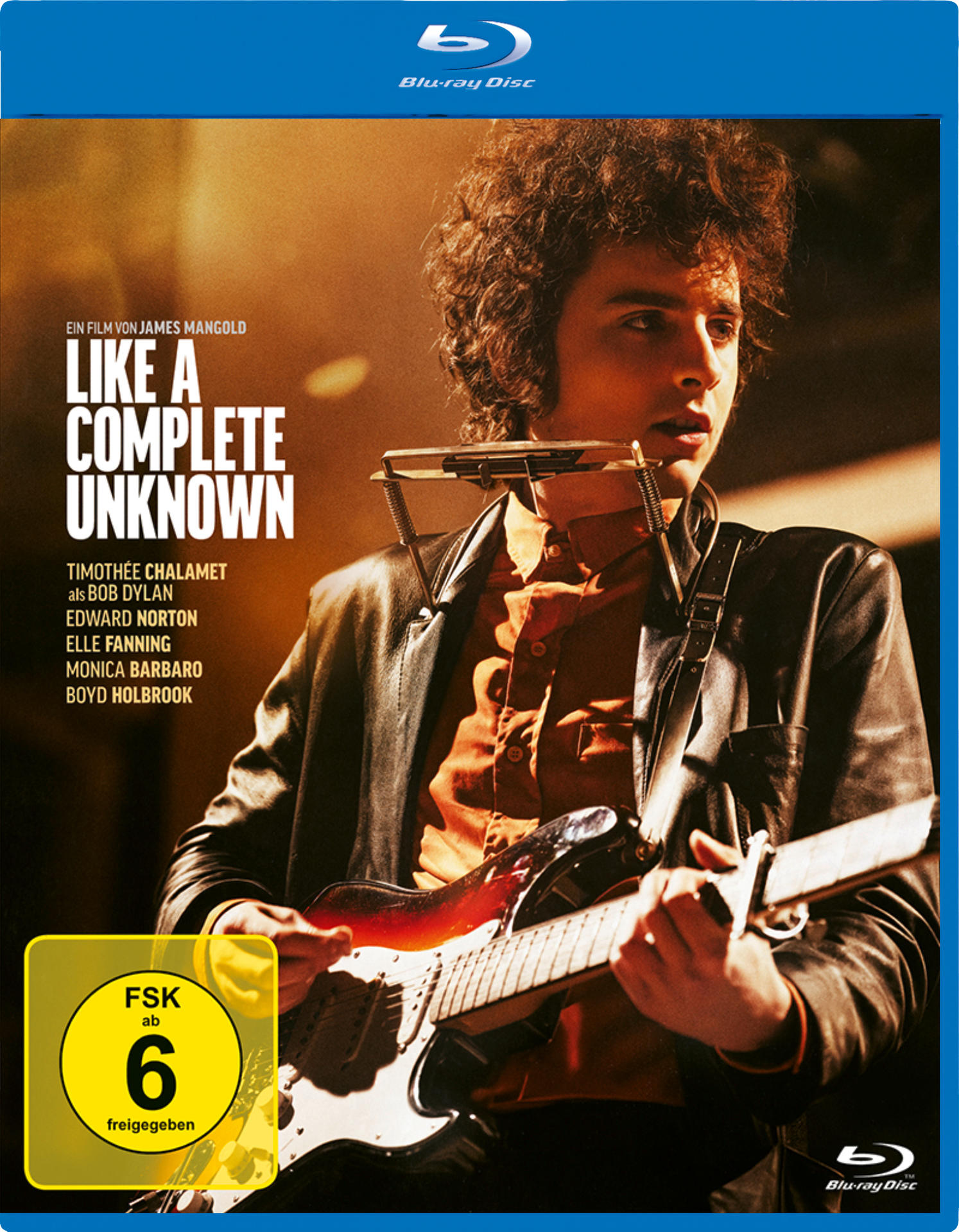 Blu-ray-Cover für Like a Complete Unknown. Mann spielt Gitarre und Mundharmonika. Text enthält Filmtitel und Namen.