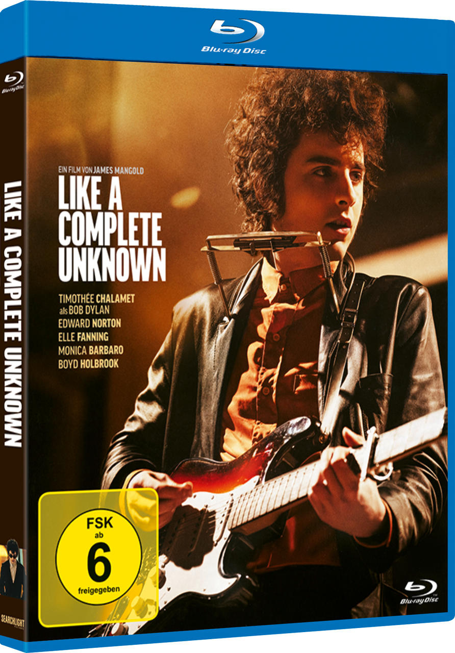 Blu-ray-Cover für Like a Complete Unknown. Mann spielt Gitarre und Mundharmonika. Text enthält Filmtitel und Namen.