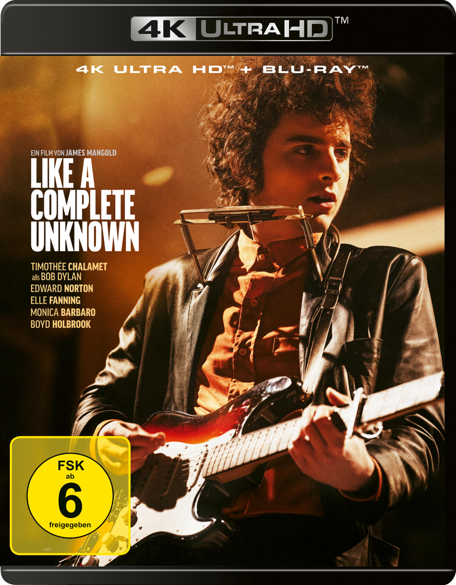4K Ultra HD-Cover für Like a Complete Unknown. Mann spielt Gitarre und Mundharmonika. Text enthält Filmtitel und Namen.