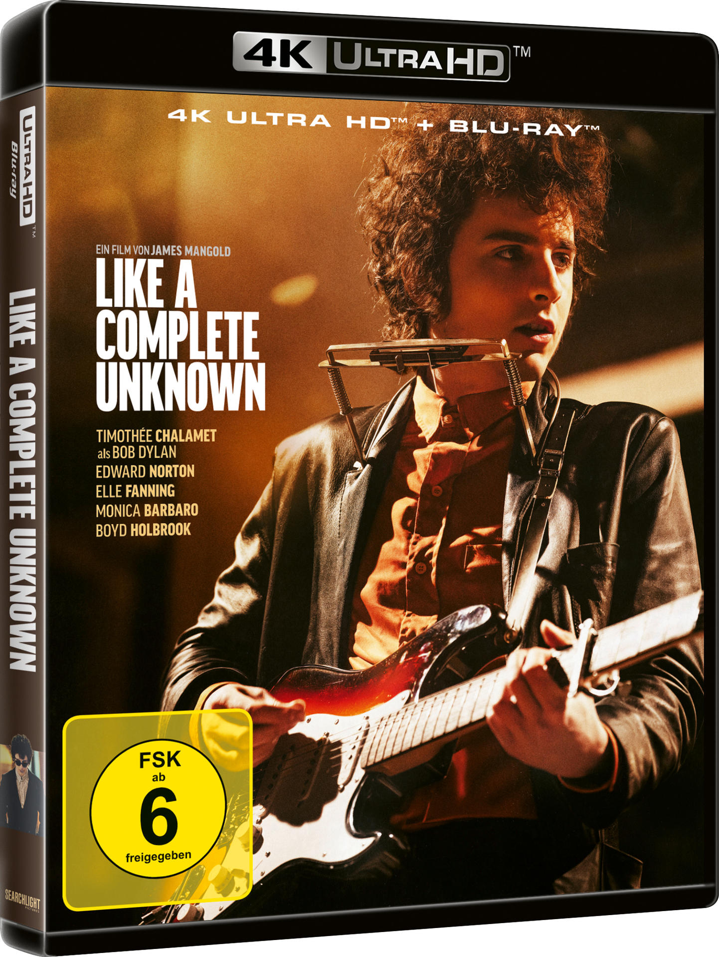 4K Ultra HD-Cover für Like a Complete Unknown. Mann spielt Gitarre und Mundharmonika. Text enthält Filmtitel und Namen.