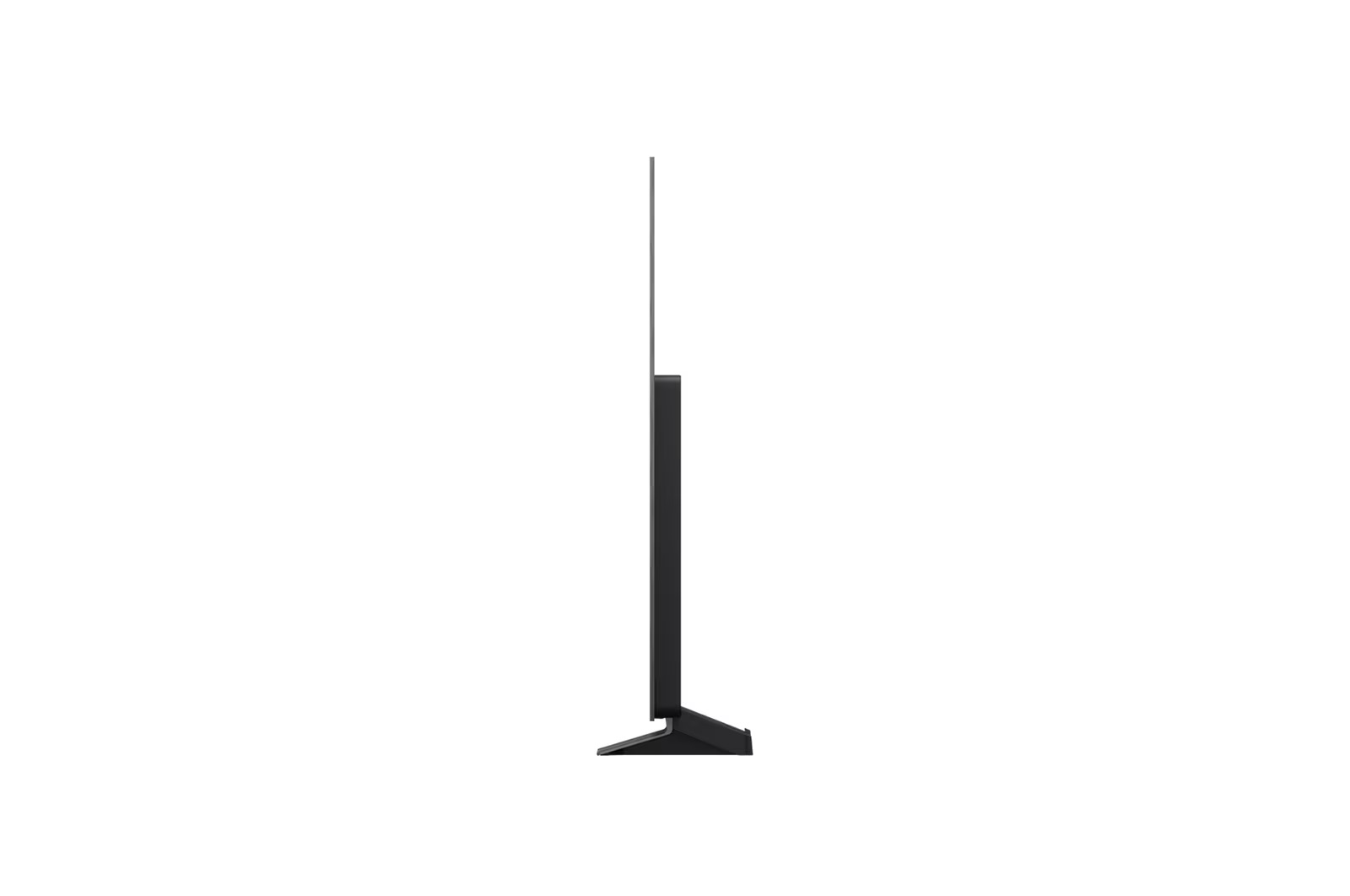Siyah bir LG OLED TV'nin bir stand üzerindeki yan görünümü. Ekran ince.