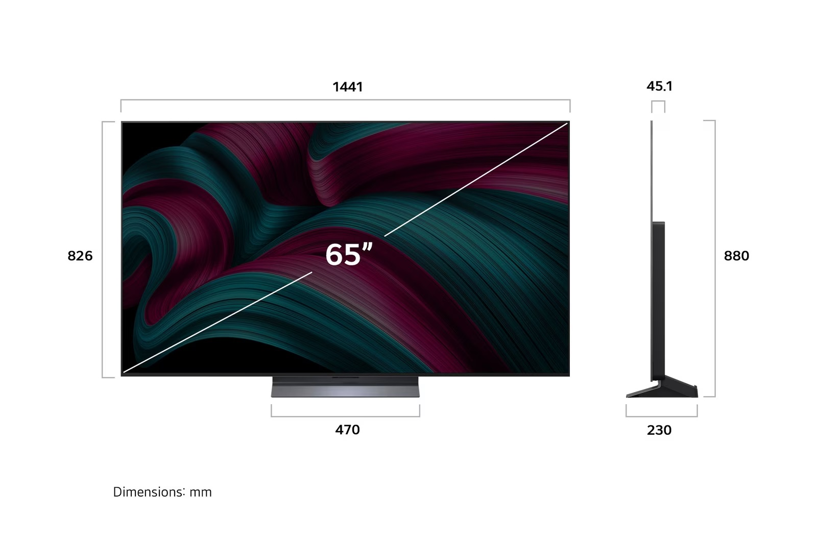 Boyutları olan bir LG OLED TV diyagramı. 65 inçlik bir ekran.