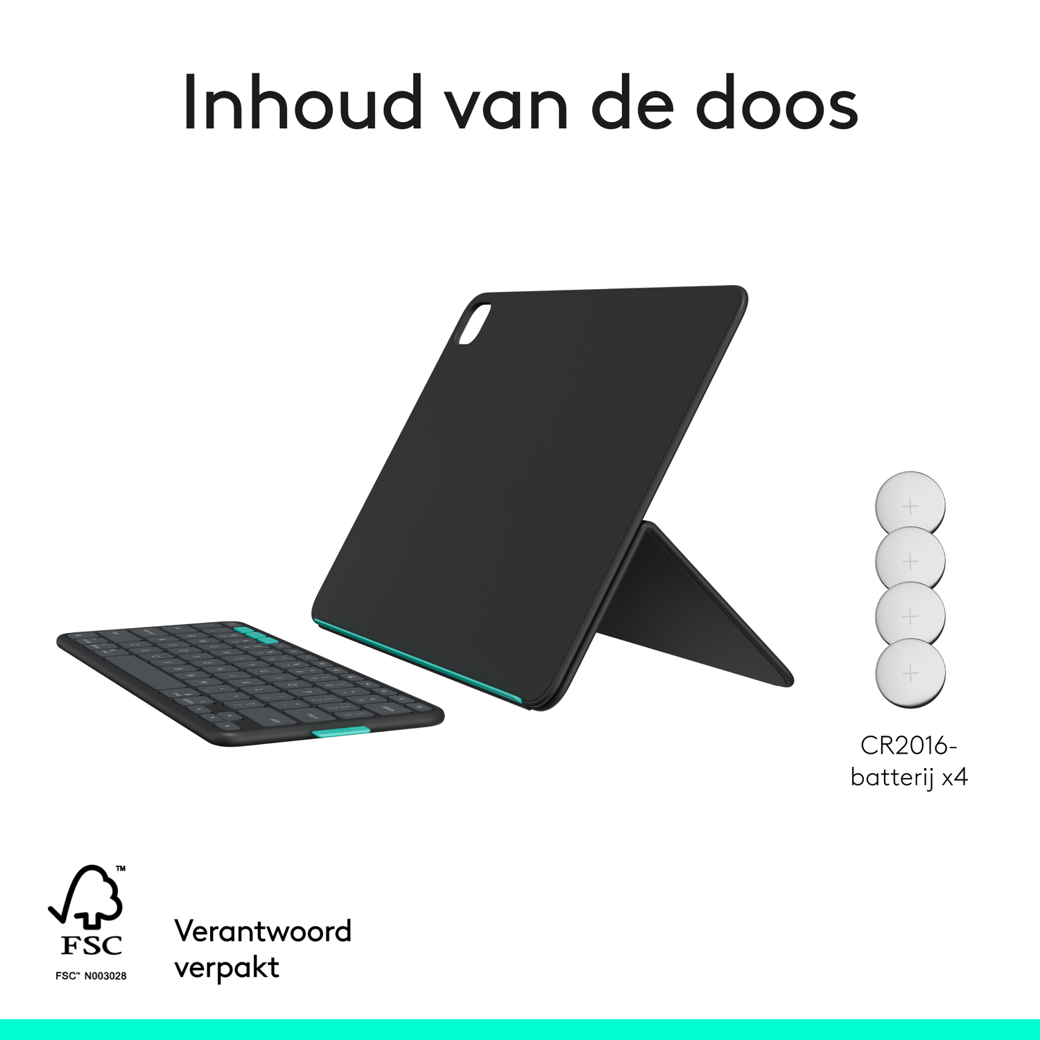 Inhoud van de doos: tablet, toetsenbord, batterijen en accessoires.