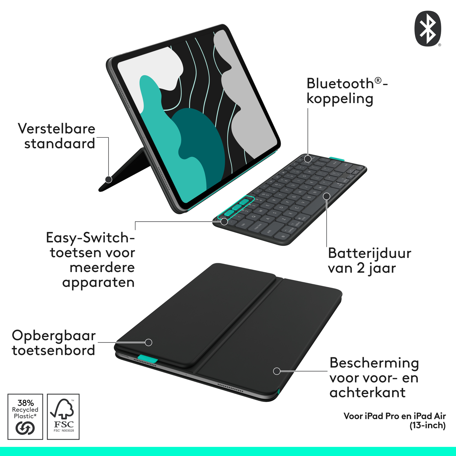 Tablet en toetsenbord met functies zoals verstelbare standaard, eenvoudig schakelen en opslag.