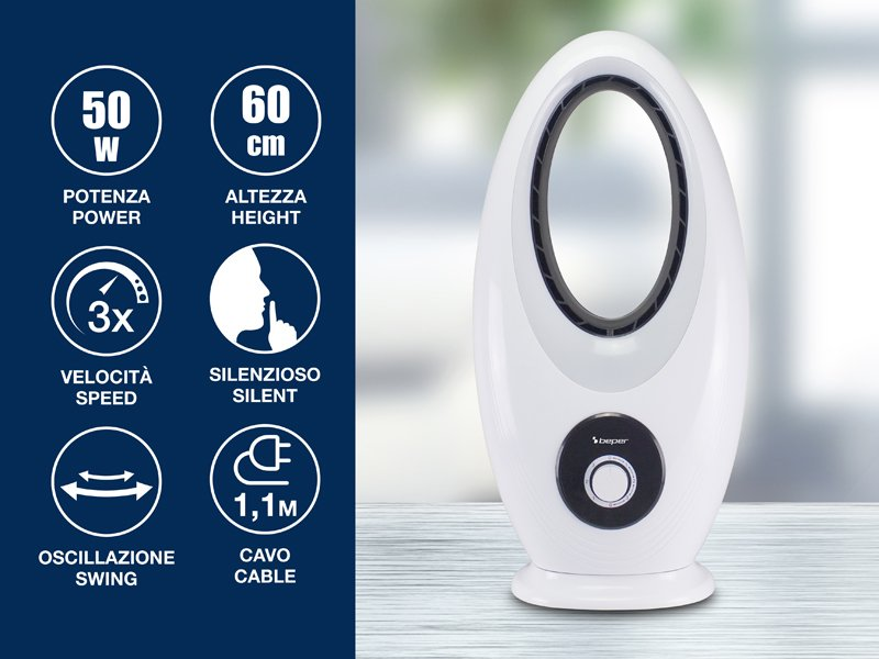 Fehér ventilátor funkciókkal, teljesítményt, magasságot, sebességet és egyebeket mutat.