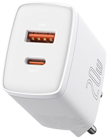 Fehér 20 W-os töltő USB és C típusú portokkal.