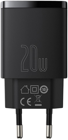BASEUS Compact hálózati gyorstöltő 20W, USB Type-C + Type-A, fekete (CCXJ-B01)