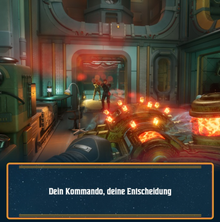 Science-Fiction-Szene mit zwei Figuren im Türrahmen, leuchtendes Gerät im Vordergrund, Text unten.