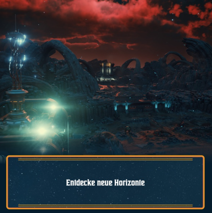 Futuristische Landschaft mit außerirdischen Strukturen unter rotem Himmel. Ein Schild unten sagt: Entdecke neue Horizonte.