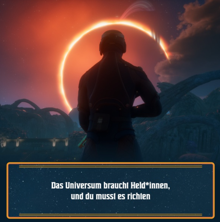 Eine Person blickt auf einen Planeten mit Ringen in einem feurigen Himmel. Eine Textbox sagt: 'Das Universum braucht Helden, und du musst es richten'.