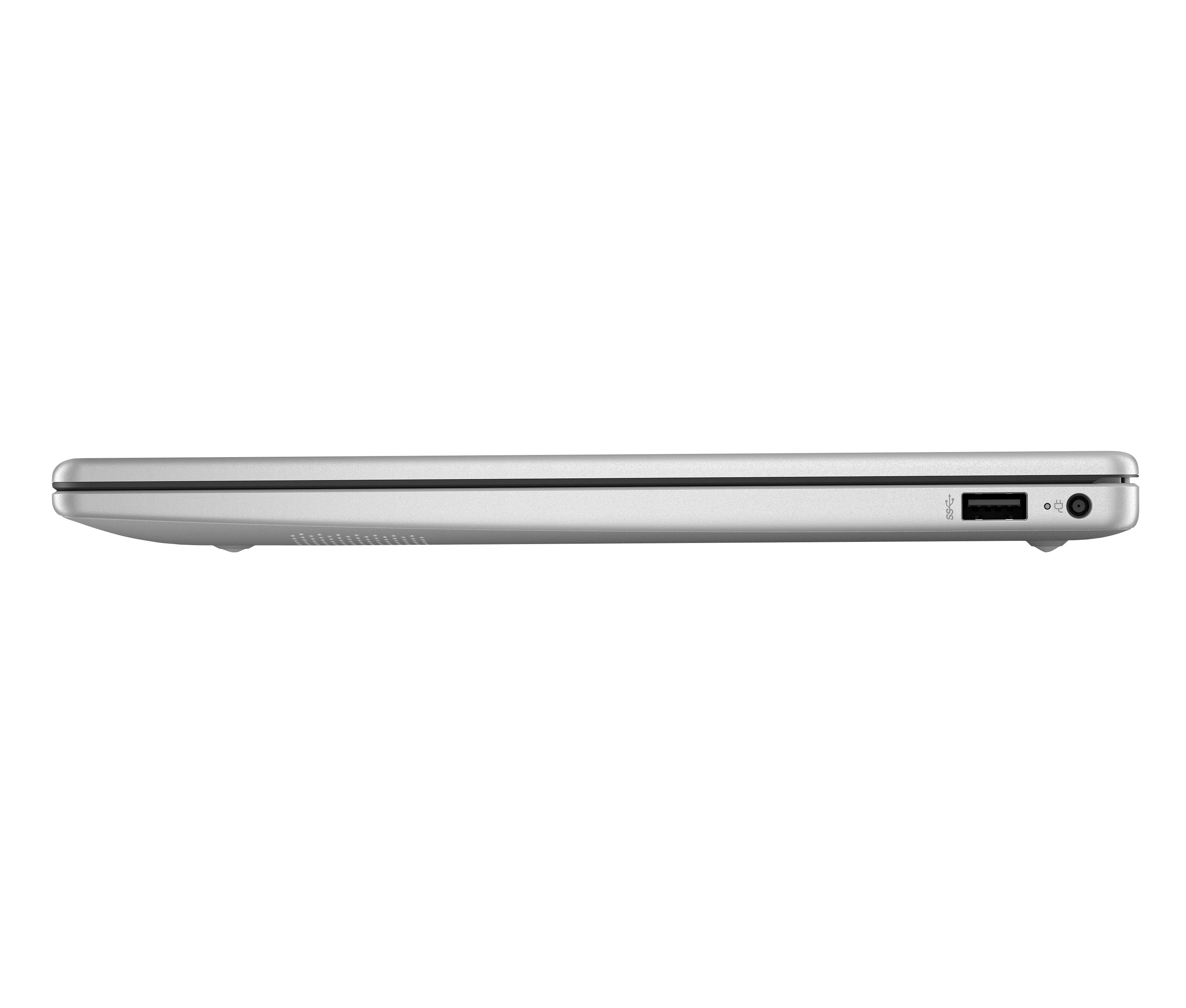 Seitenansicht eines silbernen Laptops auf schwarzem Hintergrund. Zeigt Anschlüsse und ein schlankes Design.